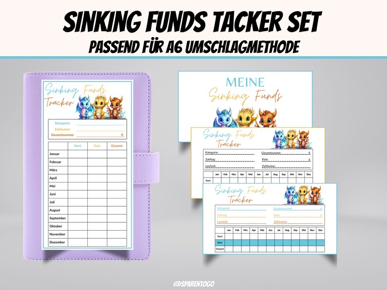 Puede incluir: Un conjunto de tres rastreadores de fondos de hundimiento imprimibles con un dise&ntilde;o de drag&oacute;n. Los rastreadores est&aacute;n etiquetados como "Sinking Funds Tracker" e incluyen categor&iacute;as para "Kategorie", "Zahlweise", "Gesamt Summe", "Start", "Rate", y "Gesamt". Los rastreadores est&aacute;n dise&ntilde;ados para usarse con el m&eacute;todo "AG Umschlagmethode".