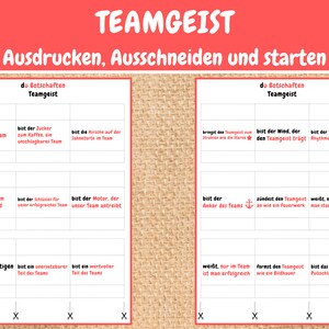 May include: A printable set of cards with the words "Teamgeist" and "du Botschaften" at the top. The cards have different phrases about teamwork, such as "rockst das Team" and "bist der Wind, der den Teamgeist tr&auml;gt".