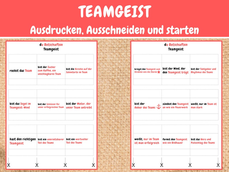 May include: A printable set of cards with the words "Teamgeist" and "du Botschaften" at the top. The cards have different phrases about teamwork, such as "rockst das Team" and "bist der Wind, der den Teamgeist tr&auml;gt".