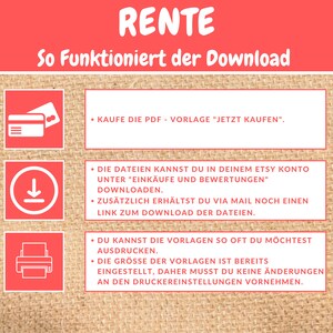 May include: A red and white graphic with the word "RENTE" in large white letters. The graphic explains how to download a digital product purchased on Etsy. The text says "So Funktioniert der Download" and includes instructions on how to download the files, including a link to the download page.