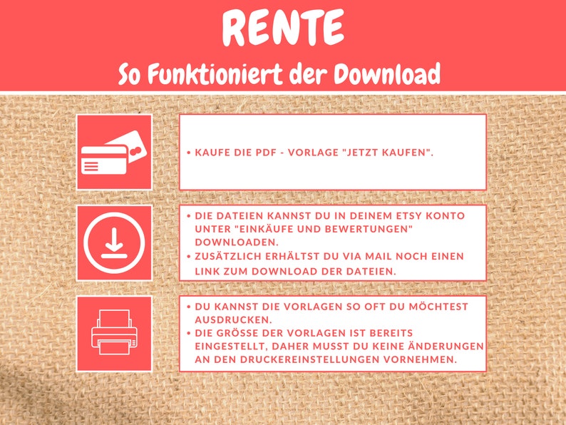 May include: A red and white graphic with the word "RENTE" in large white letters. The graphic explains how to download a digital product purchased on Etsy. The text says "So Funktioniert der Download" and includes instructions on how to download the files, including a link to the download page.