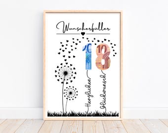 Cash gift 18th birthday wish fulfiller birthday gift gift idea, creative cash gift, last minute gift to print