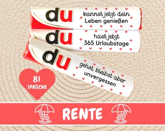 Puede incluir: Tres barras de chocolate blanco con texto rojo y negro que dice "du" en cada barra. El texto en las barras dice "kannst jetzt dein Leben genießen", "hast jetzt 365 Urlaubstage" y "gehst, bleibst aber unvergessen". Un corazón rojo con el texto "81 Sprüche" está en la esquina inferior izquierda. El texto "RENTE" está en blanco sobre un fondo rojo con una silla de playa blanca bajo una sombrilla blanca a cada lado.