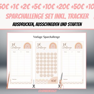 May include: Printable saving challenge tracker with a rainbow design. The tracker includes a chart to track savings and a sheet with 40 circles to color in as you save money. The text on the sheet reads "1&euro; Challenge".