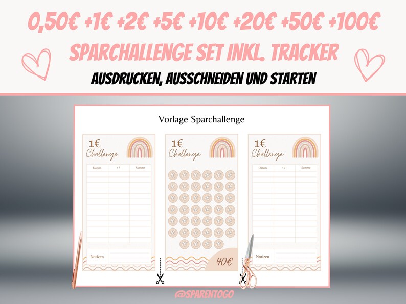 May include: Printable saving challenge tracker with a rainbow design. The tracker includes a chart to track savings and a sheet with 40 circles to color in as you save money. The text on the sheet reads "1&euro; Challenge".
