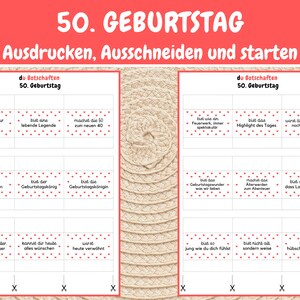 May include: A printable set of 12 cards with red polka dots and black text. The cards are for a 50th birthday celebration. The text on the cards includes phrases like "You deserve the best", "You are a living legend", and "You are the highlight of the day".