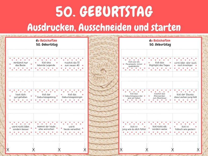 May include: A printable set of 12 cards with red polka dots and black text. The cards are for a 50th birthday celebration. The text on the cards includes phrases like "You deserve the best", "You are a living legend", and "You are the highlight of the day".