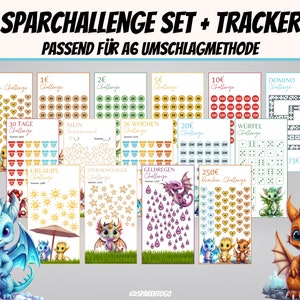 Könnte beinhalten: Ein Set ausdruckbarer Finanz-Tracker mit verschiedenen Herausforderungen, darunter eine Domino-Challenge und eine 250€ Drachen-Challenge. Das Design zeigt niedliche Drachenillustrationen und den Text "SPARCHALLENGE SET + TRACKER".