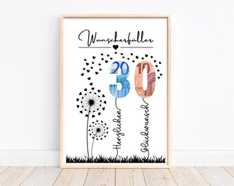 Cadeau d'argent 30e anniversaire, cadeau d'anniversaire, cadeau d'anniversaire, cadeau d'argent créatif, cadeau de dernière minute à imprimer