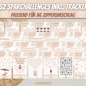 Könnte beinhalten: Ein Set mit 52 druckbaren Spar-Herausforderungen mit einem Tracker, entworfen für einen A6-Zipperumschlag. Die Herausforderungen beinhalten Themen wie "Candy Challenge", "Flower Power Challenge", "1.000€ Challenge" und "Hochzeits-Challenge".