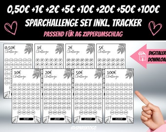 Sparchallenge 1|2|5|10|20|50 und 100 Euro PDF Sparchallenge Set | Passend für alle A6 Umschläge für die Umschlagmethode im A6 Sparbinder