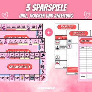 May include: Three pink and blue board games with the title "Sparopoly" and instructions for playing. The game includes a tracker and instructions.