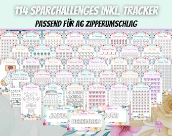 114 savings challenges including tracker | Suitable for A6 cash envelopes, A6 cash binders & A6 transparent envelopes for your budget binder | PDF