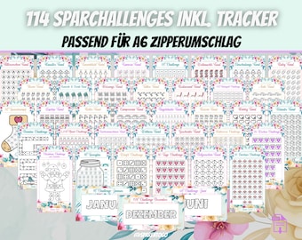 114 Sparchallenges inkl. Tracker | Passend für A6 Geldumschläge, A6 Cash Binders & A6 Klarsichtumschläge für deinen Budget Binder | PDF