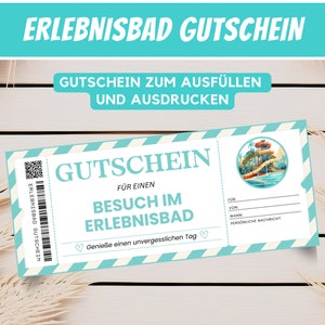Puede incluir: Un vale de regalo imprimible azul y blanco para una visita a un parque acuático. El vale tiene un código QR, el texto "ERLEBNISBAD GUTSCHEIN" y una imagen de un tobogán de agua.