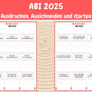 May include: A printable set of 18 graduation cards with red polka dots and white text. The cards feature phrases like "Abi-Champion 2025" and "Abi-Experte 2025".