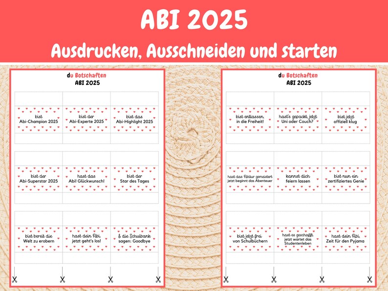 May include: A printable set of 18 graduation cards with red polka dots and white text. The cards feature phrases like "Abi-Champion 2025" and "Abi-Experte 2025".