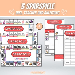 May include: Three colorful game boards with the title "Sparopoly Kinder Edition" and instructions for a savings game. The game includes a tracker sheet and instructions.