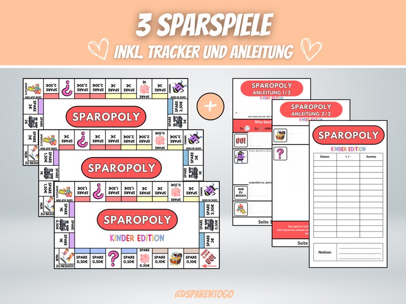 May include: Three colorful game boards with the title "Sparopoly Kinder Edition" and instructions for a savings game. The game includes a tracker sheet and instructions.