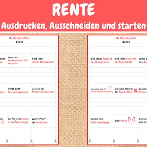 May include: A printable set of 12 cards with fun phrases about retirement. The cards are white with red text and red illustrations. The text on the cards includes phrases like "You can sleep in every day" and "You are now the master of leisure".