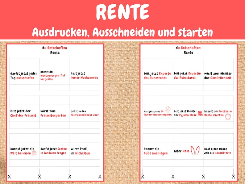 May include: A printable set of 12 cards with fun phrases about retirement. The cards are white with red text and red illustrations. The text on the cards includes phrases like "You can sleep in every day" and "You are now the master of leisure".