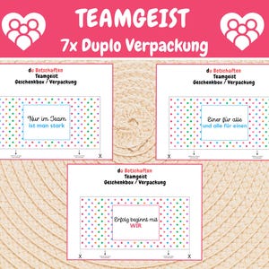 Puede incluir: Tres cajas de regalo coloridas con patrones de lunares y citas motivacionales. Las cajas est&aacute;n etiquetadas "do Botschaften Teamgeist Geschenkbox/Verpackung" y presentan las citas "Nur im Team ist man stark", "Einer f&uuml;r alle und alle f&uuml;r einen", y "Erfolg beginnt mit WIR".