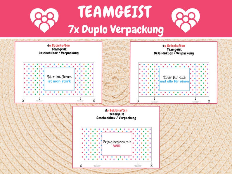 Puede incluir: Tres cajas de regalo coloridas con patrones de lunares y citas motivacionales. Las cajas est&aacute;n etiquetadas "do Botschaften Teamgeist Geschenkbox/Verpackung" y presentan las citas "Nur im Team ist man stark", "Einer f&uuml;r alle und alle f&uuml;r einen", y "Erfolg beginnt mit WIR".
