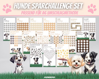 16 Sparchallenges Hunde PDF Sparchallenge Set A6 Sparspiele passend für A6 Geldumschläge & A6 Klarsichtumschläge für deinen A6 Budget Binder