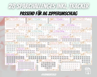 28 Sparchallenges inkl. Tracker | Passend für A6 Klarsichtumschläge, A6 Geldumschläge & A6 Cash Binders für deinen Budget Binder | PDF Datei