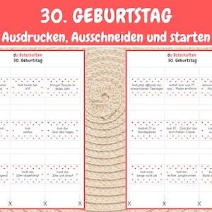 K&ouml;nnte beinhalten: Ein druckbarer Satz von 30. Geburtstagskarten mit lustigen und leichtf&uuml;&szlig;igen Botschaften. Die Karten sind mit roten Herzen verziert und der Text ist in Schwarz. Die Karten sind bereit zum Ausdrucken, Ausschneiden und Verwenden f&uuml;r eine 30. Geburtstagsfeier.