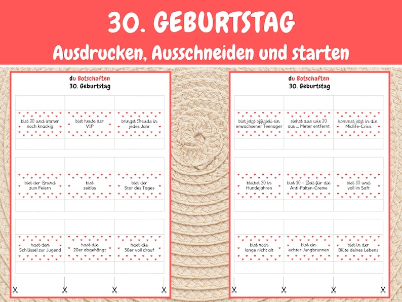 K&ouml;nnte beinhalten: Ein druckbarer Satz von 30. Geburtstagskarten mit lustigen und leichtf&uuml;&szlig;igen Botschaften. Die Karten sind mit roten Herzen verziert und der Text ist in Schwarz. Die Karten sind bereit zum Ausdrucken, Ausschneiden und Verwenden f&uuml;r eine 30. Geburtstagsfeier.