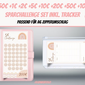 May include: A pink A6 zippered binder with a printable sheet inside. The sheet has a rainbow design and the text "5&euro; Challenge" and "200&euro;". The binder is for a savings challenge.