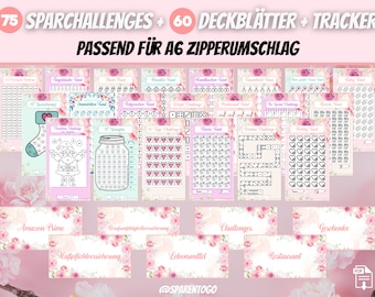 75 savings challenges + 60 cover sheets incl. savings tracker | Fits A6 Money Envelopes & A6 Cash Binders for your Budget Binder | PDF file