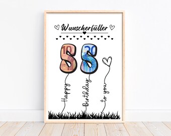 Puede incluir: Una impresión enmarcada en blanco con texto negro que dice "Wunscherfüller" y "Happy Birthday to you". Los números 3 y 5 están hechos de billetes de euro y flotan como globos.