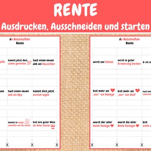 May include: A printable set of cards with messages about retirement. The cards are red and white with a red border. The text on the cards is in German.