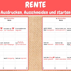 May include: A printable set of cards with messages for someone retiring. The cards are red and white with the word "RENTE" at the top. The cards have messages like "You are more than just a colleague" and "You have always made us laugh".