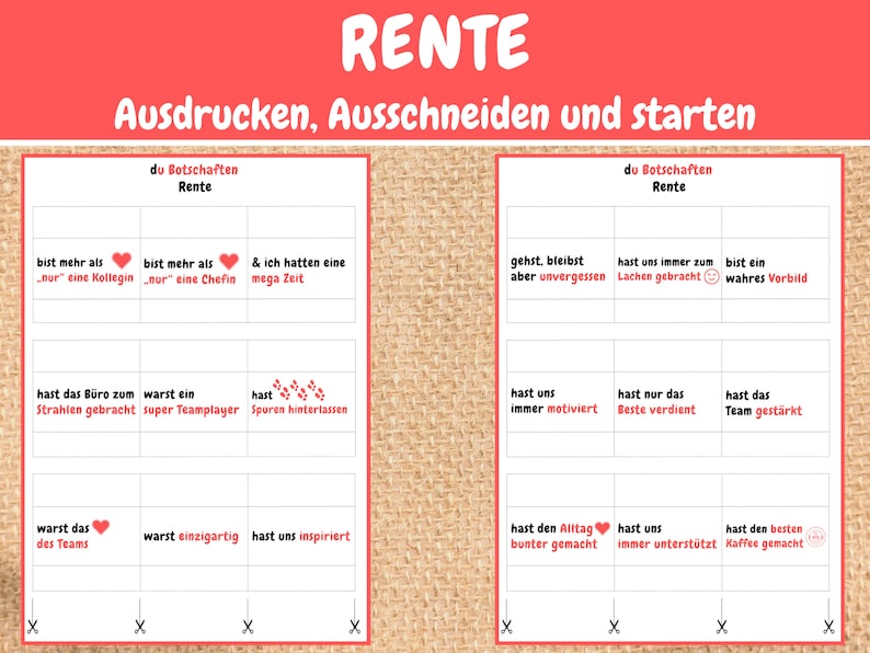 May include: A printable set of cards with messages for someone retiring. The cards are red and white with the word "RENTE" at the top. The cards have messages like "You are more than just a colleague" and "You have always made us laugh".