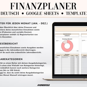May include: A laptop screen displaying a German language Google Sheets template for a personal finance planner. The template includes a monthly budget tracker, a yearly overview, and a section for expense categories. The template is designed to help users track their income and expenses, and create a budget.