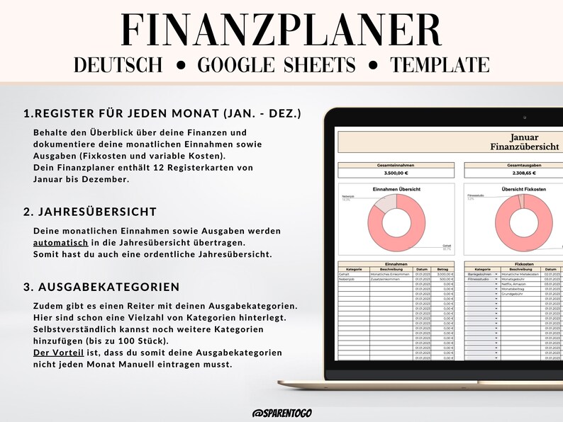 May include: A laptop screen displaying a German language Google Sheets template for a personal finance planner. The template includes a monthly budget tracker, a yearly overview, and a section for expense categories. The template is designed to help users track their income and expenses, and create a budget.