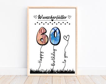 Cash gift 60th birthday wish fulfiller birthday gift gift idea, creative cash gift, last minute gift to print