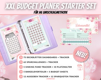 Budget Planner XXL Set básico para la carpeta de presupuestos PDF | ¡62 desafíos de ahorro, 75 paneles de cobertura, rastreadores de fondos de amortización y mucho más!