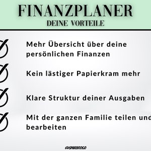 Pode incluir: Uma lista de verifica&ccedil;&atilde;o dos benef&iacute;cios de usar um planejador financeiro. Os benef&iacute;cios incluem: uma melhor vis&atilde;o geral das finan&ccedil;as pessoais, sem mais papelada, uma estrutura clara das despesas e a possibilidade de compartilhar e editar com toda a fam&iacute;lia.