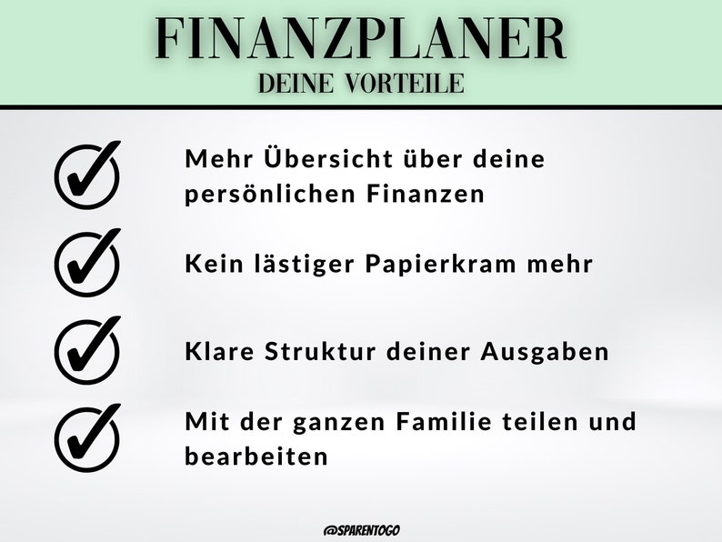 Pode incluir: Uma lista de verifica&ccedil;&atilde;o dos benef&iacute;cios de usar um planejador financeiro. Os benef&iacute;cios incluem: uma melhor vis&atilde;o geral das finan&ccedil;as pessoais, sem mais papelada, uma estrutura clara das despesas e a possibilidade de compartilhar e editar com toda a fam&iacute;lia.