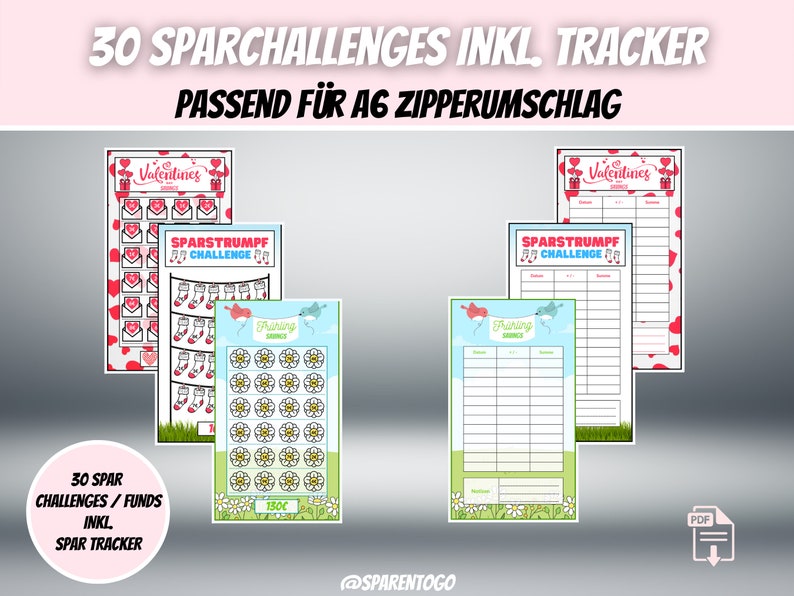 30 Sparchallenges inkl. Tracker Passend für A6 Geldumschläge, A6 Cash Binders & A6 Klarsichtumschläge für deinen Budget Binder PDF Datei Bild 2