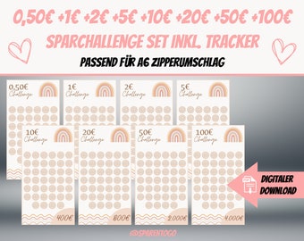 Euro Sparchallenge Set 1, 2, 5, 10, 20, 50 & 100 Euro | 8 Sparbinder Sparchallenges | Passend für A6 Umschläge für die Umschlagmethode | PDF