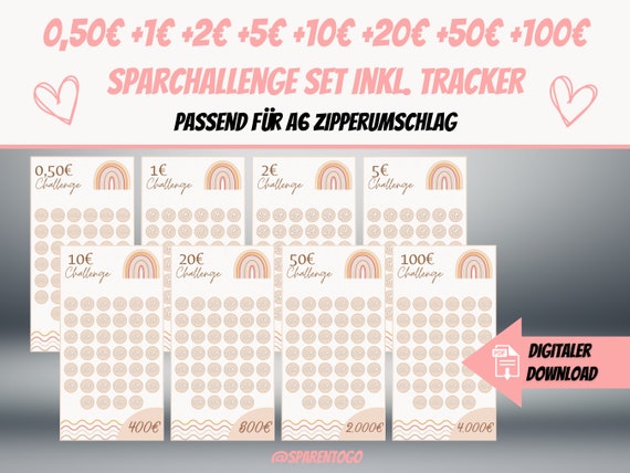 Euro Sparchallenge Set 1, 2, 5, 10, 20, 50 & 100 Euro | 8 Sparbinder Sparchallenges | Passend für A6 Umschläge für die Umschlagmethode | PDF