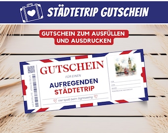 Personalized voucher city trip, city trip gift voucher, travel voucher holiday, voucher card gift voucher template, PDF