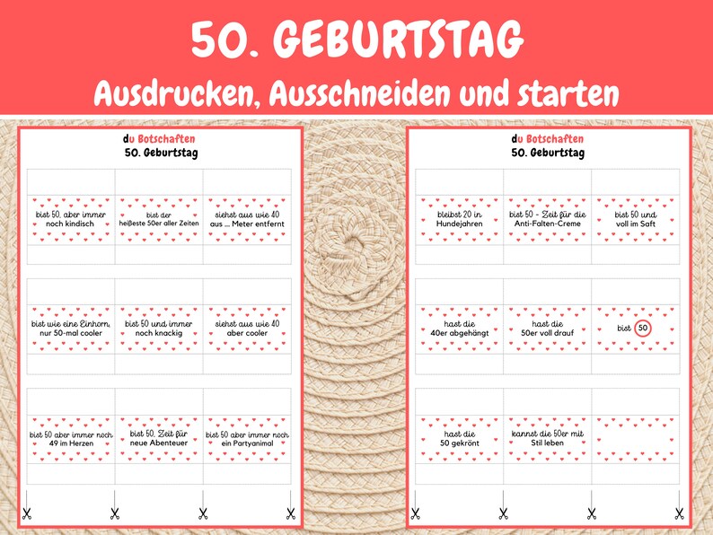 May include: A printable set of 12 cards with red hearts and text in black. The cards feature humorous messages about turning 50. The text on the cards includes phrases like "bist 50, aber immer noch kindisch" and "bist 50 - Zeit f&uuml;r die Anti-Falten-Creme".