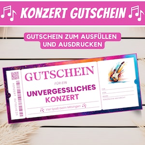 Bon billet de concert carte de chèque personnalisée visite de concert chèque cadeau à imprimer, cadeau personnalisé, téléchargement