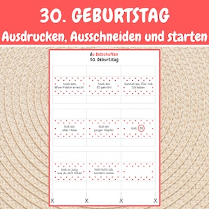 K&ouml;nnte beinhalten: Druckbare Karten mit roten Herzen und schwarzem Text, die "du Botschaften 30. Geburtstag" sagen und S&auml;tze wie "hast den Wow-Faktor erreicht" und "bist so jung wie du dich f&uuml;hlst" enthalten.